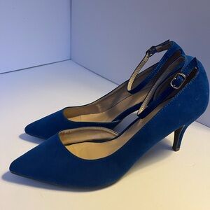 Chic Blue Suede Heels. Women's Low Heel Ankle Strap Pumps